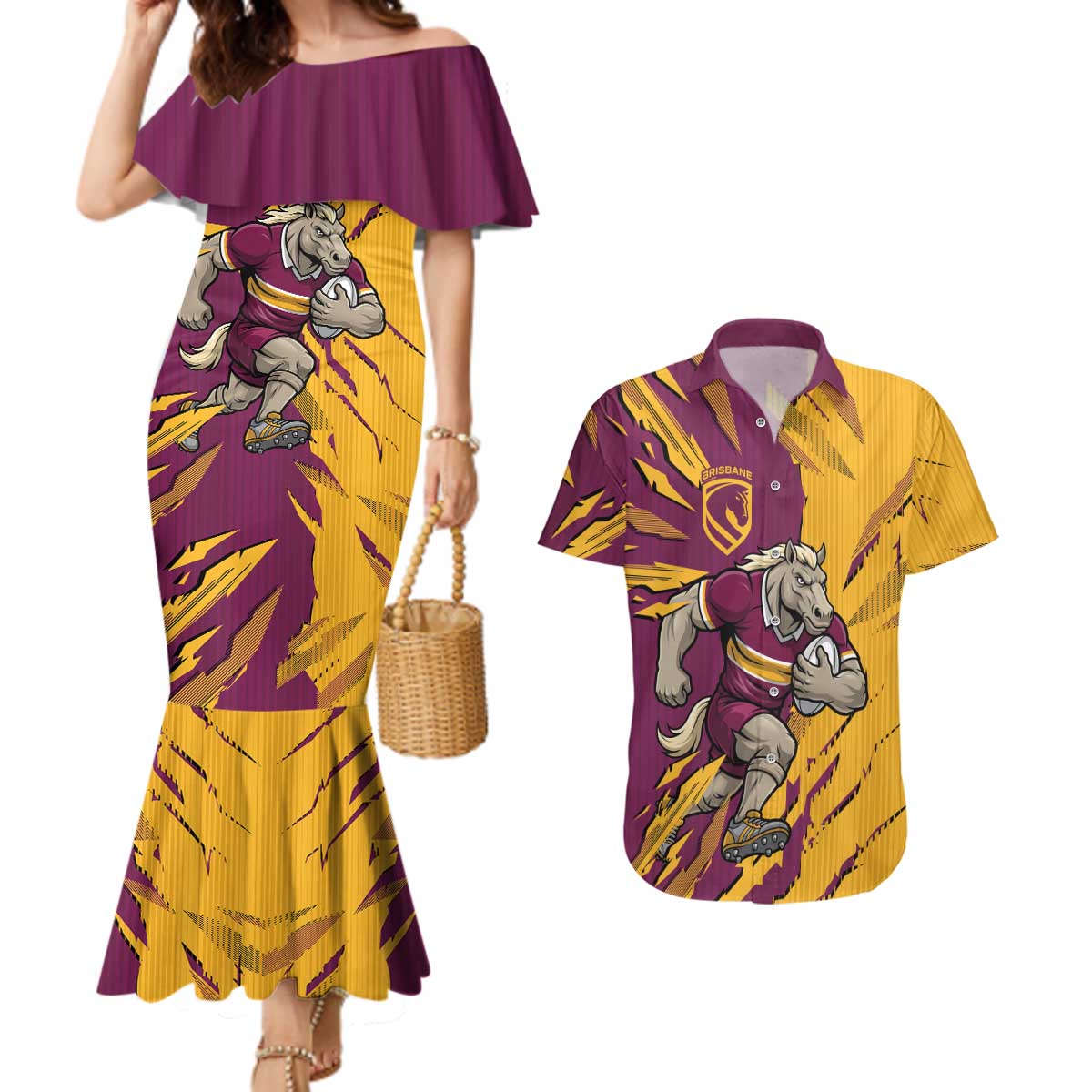 Personalized Brisbane Broncos Couples Matching Mermaid Dress and Hawaiian Shirt Dynamic Lightning Mascot Rugby Australia