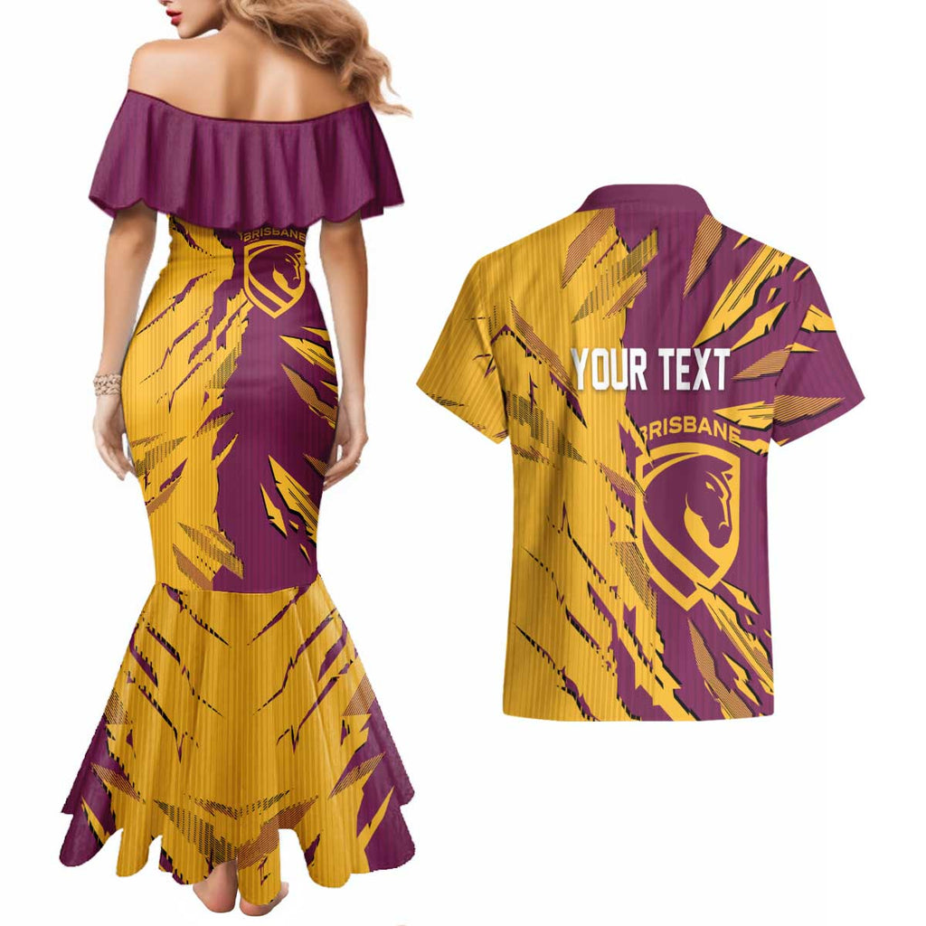 Personalized Brisbane Broncos Couples Matching Mermaid Dress and Hawaiian Shirt Dynamic Lightning Mascot Rugby Australia