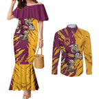 Personalized Brisbane Broncos Couples Matching Mermaid Dress and Long Sleeve Button Shirt Dynamic Lightning Mascot Rugby Australia