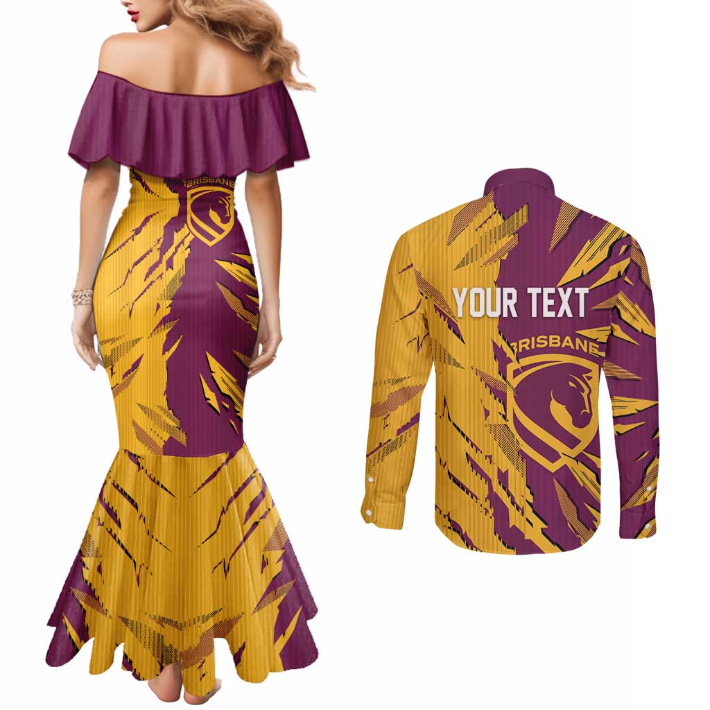 Personalized Brisbane Broncos Couples Matching Mermaid Dress and Long Sleeve Button Shirt Dynamic Lightning Mascot Rugby Australia
