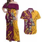 Personalized Brisbane Broncos Couples Matching Off Shoulder Maxi Dress and Hawaiian Shirt Dynamic Lightning Mascot Rugby Australia
