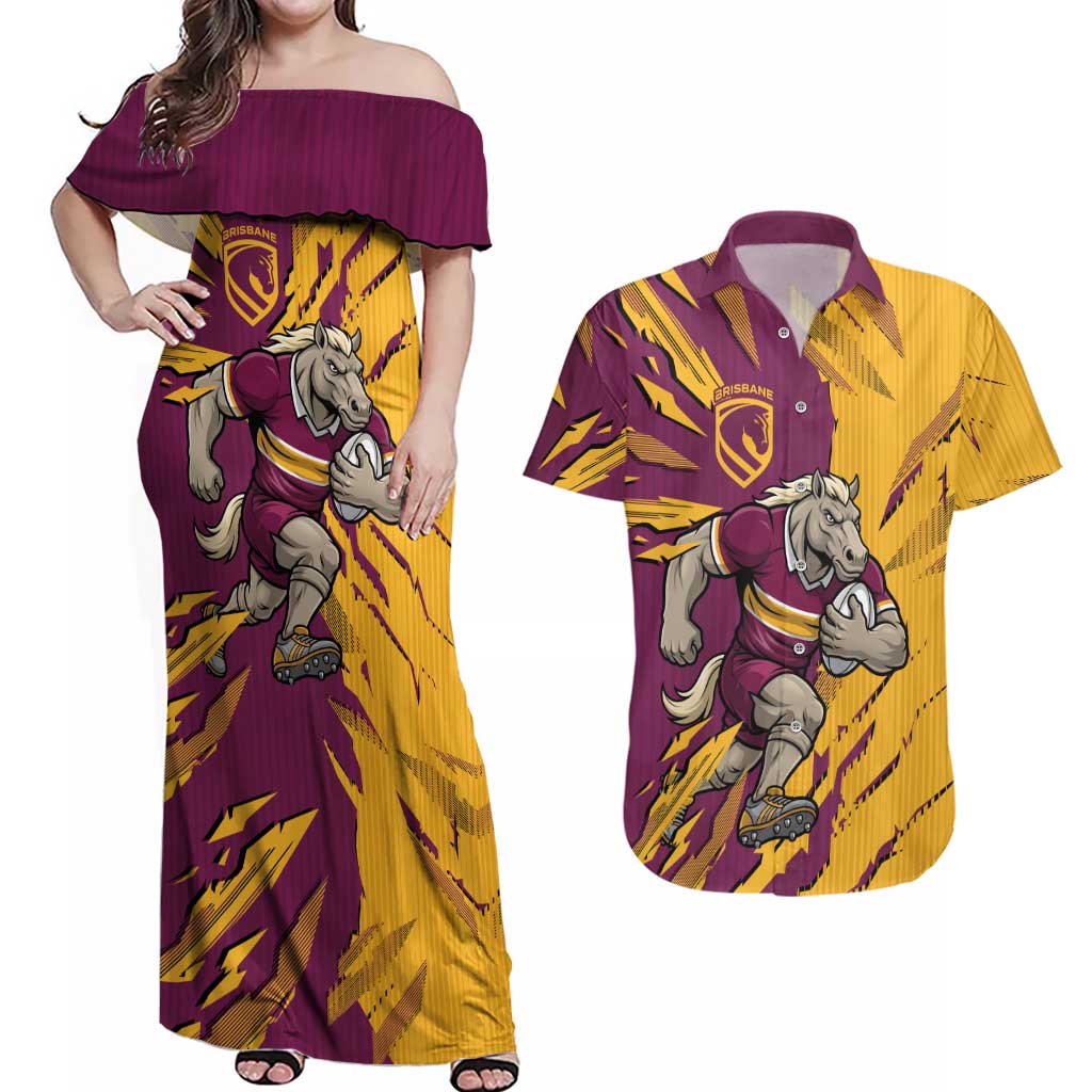 Personalized Brisbane Broncos Couples Matching Off Shoulder Maxi Dress and Hawaiian Shirt Dynamic Lightning Mascot Rugby Australia