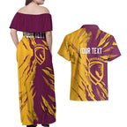 Personalized Brisbane Broncos Couples Matching Off Shoulder Maxi Dress and Hawaiian Shirt Dynamic Lightning Mascot Rugby Australia