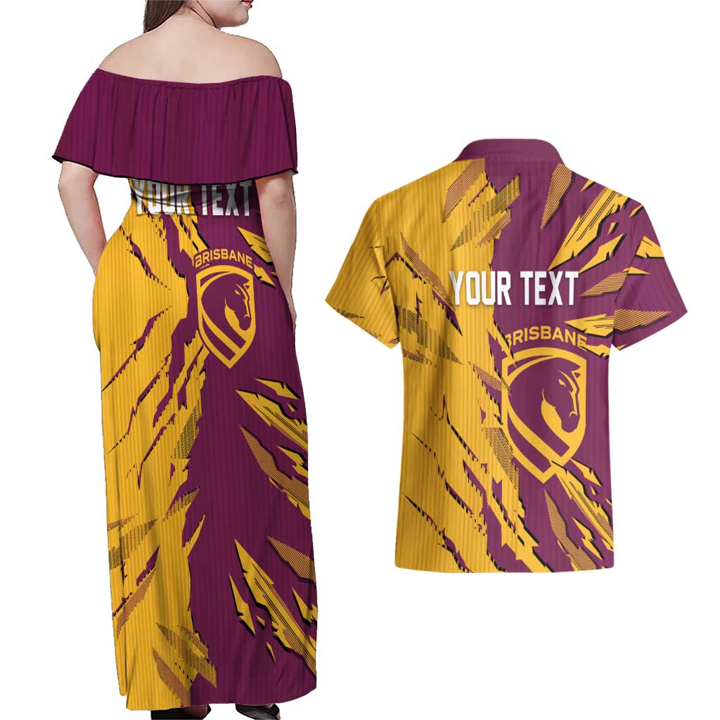 Personalized Brisbane Broncos Couples Matching Off Shoulder Maxi Dress and Hawaiian Shirt Dynamic Lightning Mascot Rugby Australia