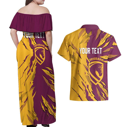 Personalized Brisbane Broncos Couples Matching Off Shoulder Maxi Dress and Hawaiian Shirt Dynamic Lightning Mascot Rugby Australia