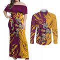 Personalized Brisbane Broncos Couples Matching Off Shoulder Maxi Dress and Long Sleeve Button Shirt Dynamic Lightning Mascot Rugby Australia