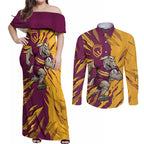 Personalized Brisbane Broncos Couples Matching Off Shoulder Maxi Dress and Long Sleeve Button Shirt Dynamic Lightning Mascot Rugby Australia