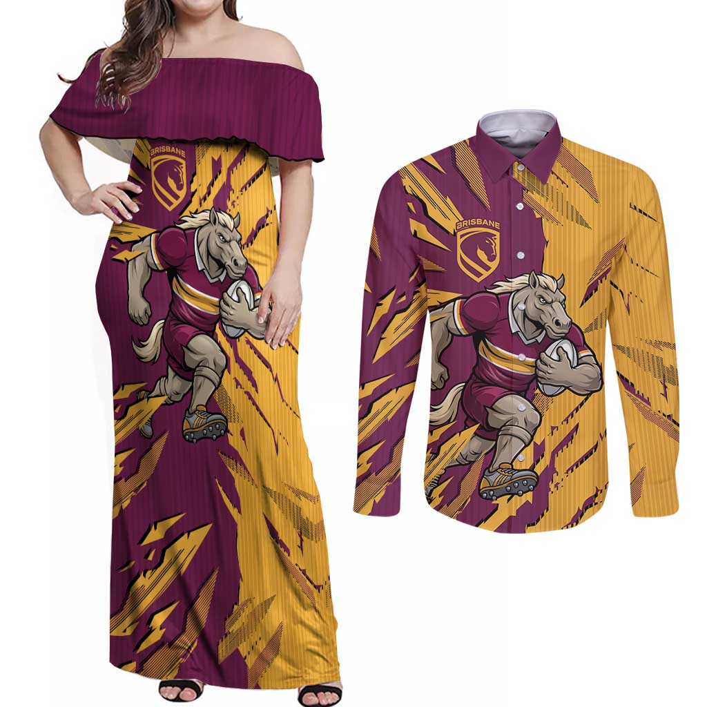 Personalized Brisbane Broncos Couples Matching Off Shoulder Maxi Dress and Long Sleeve Button Shirt Dynamic Lightning Mascot Rugby Australia