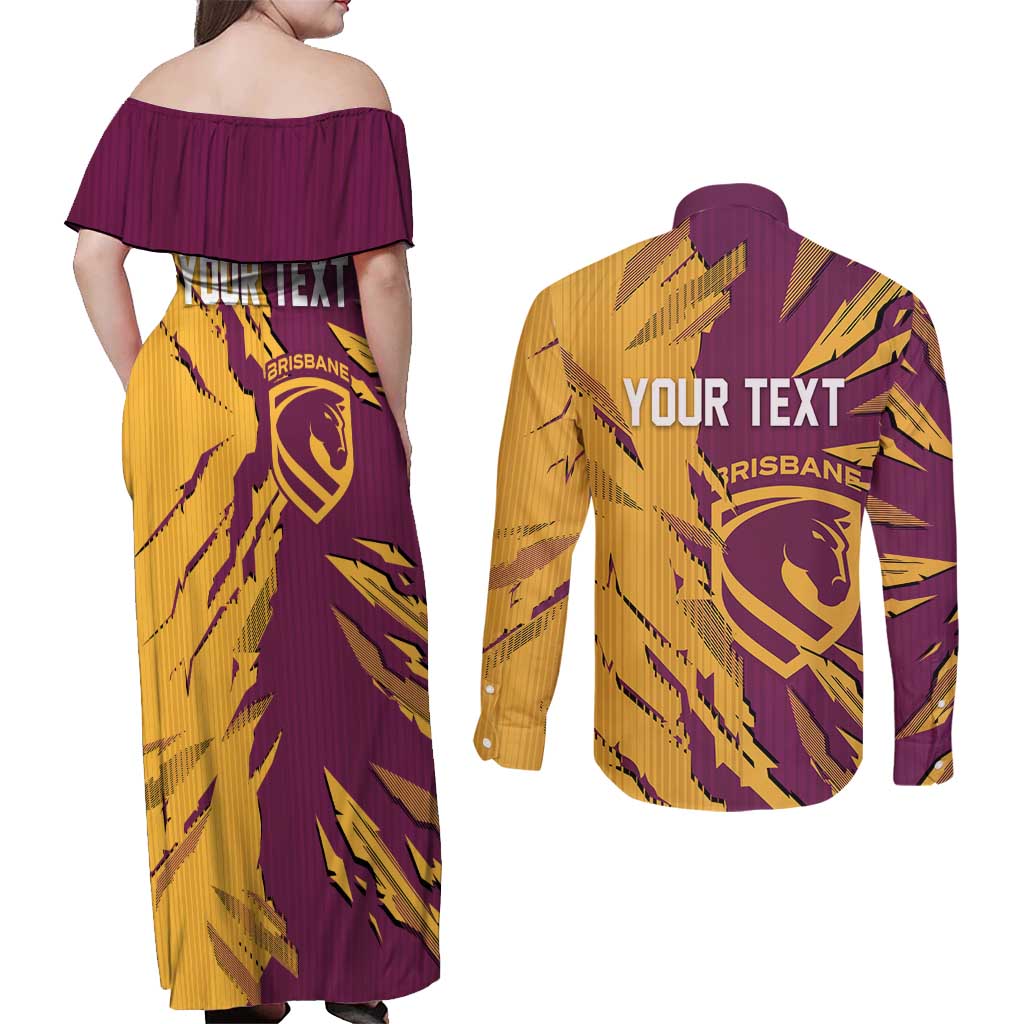 Personalized Brisbane Broncos Couples Matching Off Shoulder Maxi Dress and Long Sleeve Button Shirt Dynamic Lightning Mascot Rugby Australia