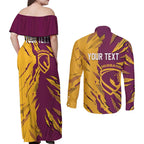 Personalized Brisbane Broncos Couples Matching Off Shoulder Maxi Dress and Long Sleeve Button Shirt Dynamic Lightning Mascot Rugby Australia