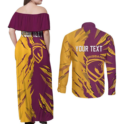 Personalized Brisbane Broncos Couples Matching Off Shoulder Maxi Dress and Long Sleeve Button Shirt Dynamic Lightning Mascot Rugby Australia