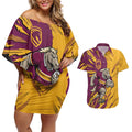 Personalized Brisbane Broncos Couples Matching Off Shoulder Short Dress and Hawaiian Shirt Dynamic Lightning Mascot Rugby Australia