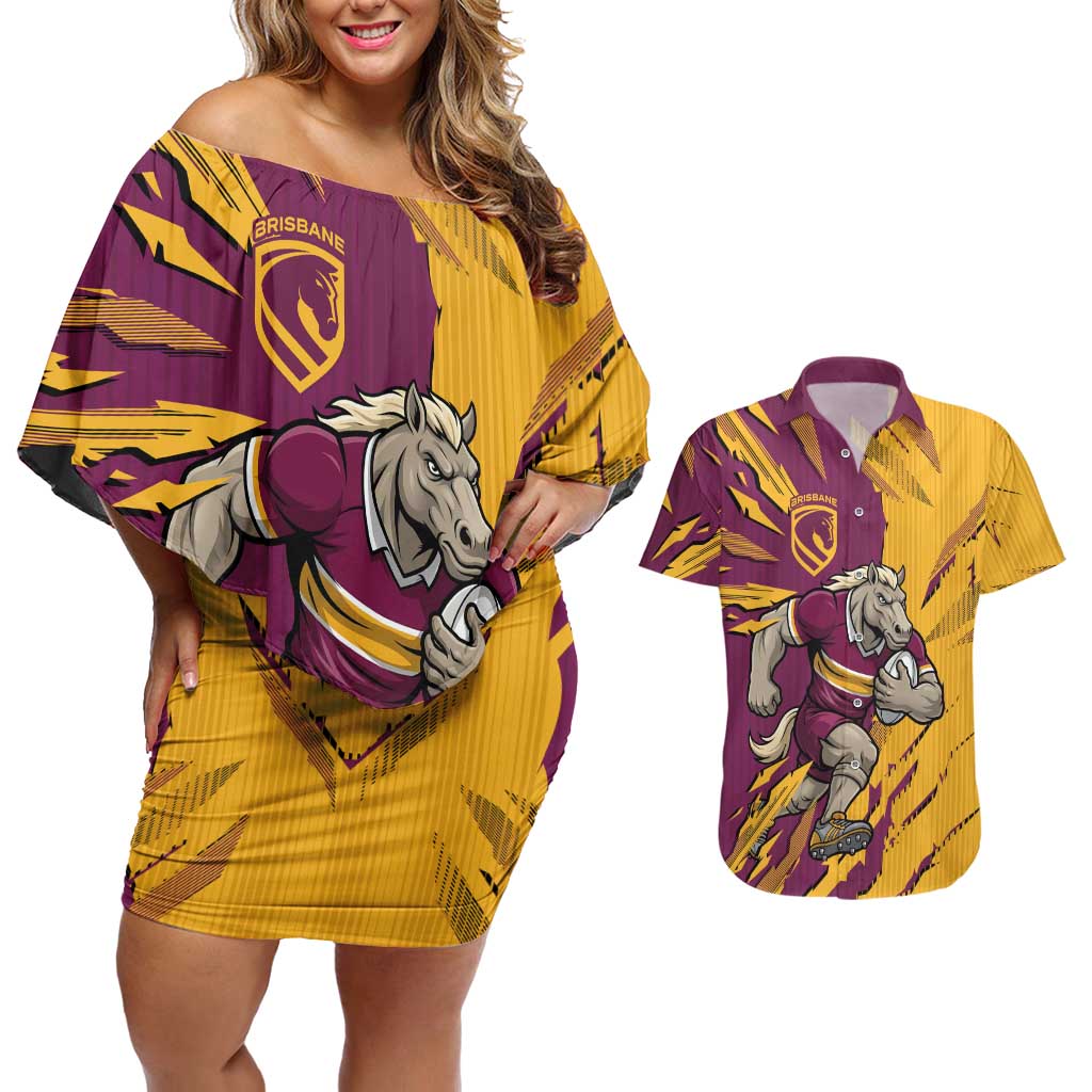 Personalized Brisbane Broncos Couples Matching Off Shoulder Short Dress and Hawaiian Shirt Dynamic Lightning Mascot Rugby Australia