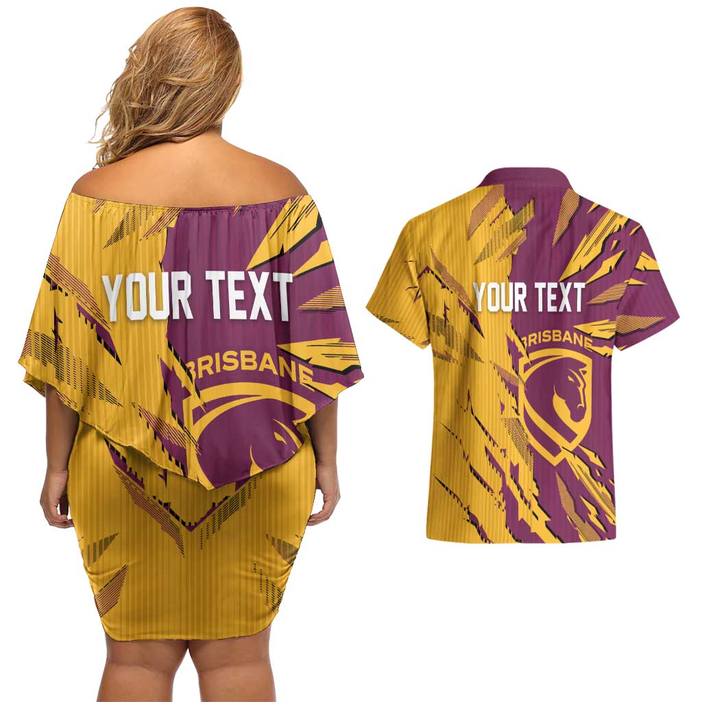 Personalized Brisbane Broncos Couples Matching Off Shoulder Short Dress and Hawaiian Shirt Dynamic Lightning Mascot Rugby Australia