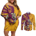 Personalized Brisbane Broncos Couples Matching Off Shoulder Short Dress and Long Sleeve Button Shirt Dynamic Lightning Mascot Rugby Australia