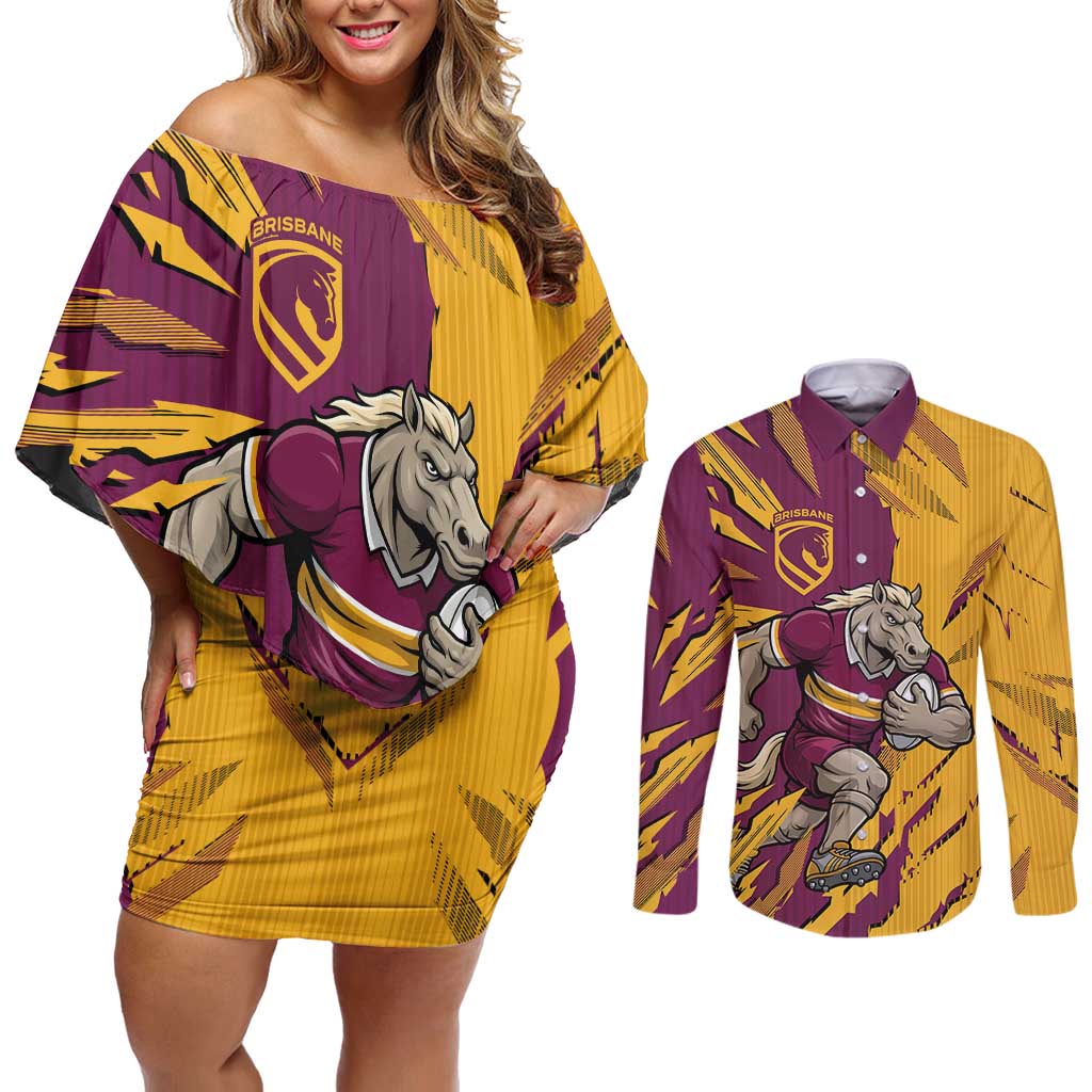 Personalized Brisbane Broncos Couples Matching Off Shoulder Short Dress and Long Sleeve Button Shirt Dynamic Lightning Mascot Rugby Australia