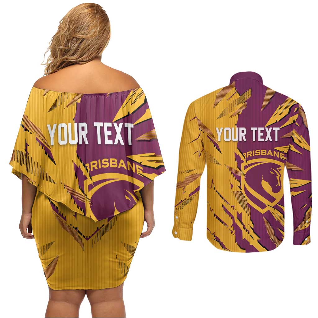 Personalized Brisbane Broncos Couples Matching Off Shoulder Short Dress and Long Sleeve Button Shirt Dynamic Lightning Mascot Rugby Australia