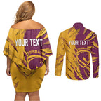 Personalized Brisbane Broncos Couples Matching Off Shoulder Short Dress and Long Sleeve Button Shirt Dynamic Lightning Mascot Rugby Australia