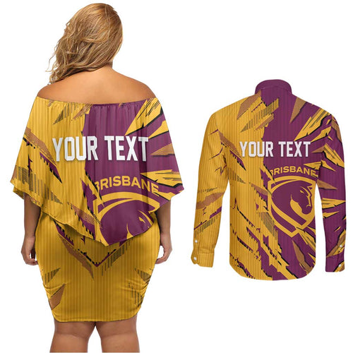 Personalized Brisbane Broncos Couples Matching Off Shoulder Short Dress and Long Sleeve Button Shirt Dynamic Lightning Mascot Rugby Australia