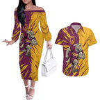 Personalized Brisbane Broncos Couples Matching Off The Shoulder Long Sleeve Dress and Hawaiian Shirt Dynamic Lightning Mascot Rugby Australia