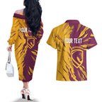 Personalized Brisbane Broncos Couples Matching Off The Shoulder Long Sleeve Dress and Hawaiian Shirt Dynamic Lightning Mascot Rugby Australia