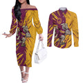 Personalized Brisbane Broncos Couples Matching Off The Shoulder Long Sleeve Dress and Long Sleeve Button Shirt Dynamic Lightning Mascot Rugby Australia