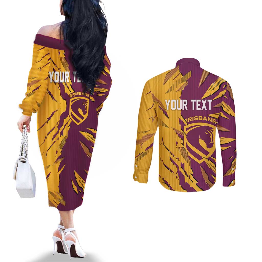 Personalized Brisbane Broncos Couples Matching Off The Shoulder Long Sleeve Dress and Long Sleeve Button Shirt Dynamic Lightning Mascot Rugby Australia