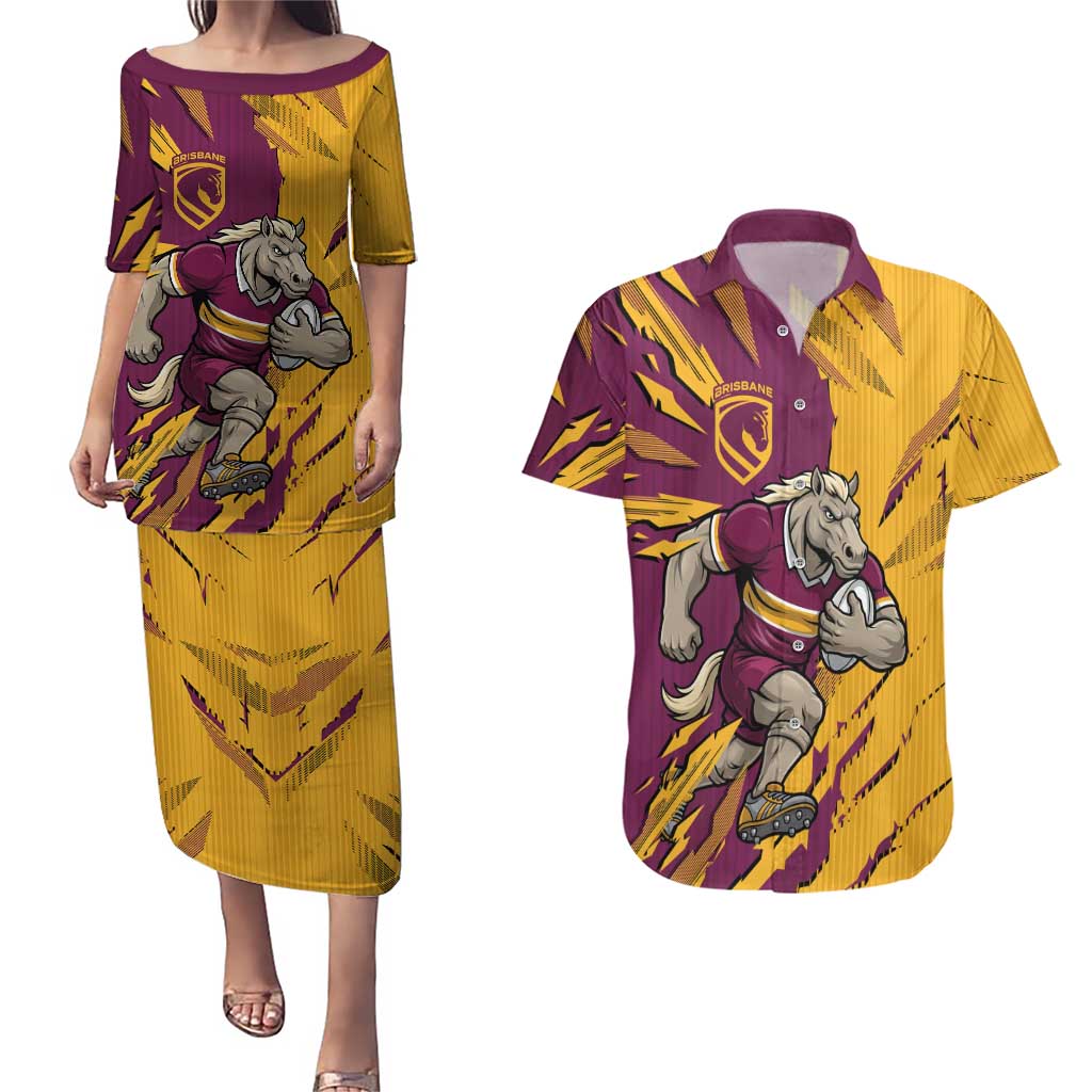 Personalized Brisbane Broncos Couples Matching Puletasi and Hawaiian Shirt Dynamic Lightning Mascot Rugby Australia