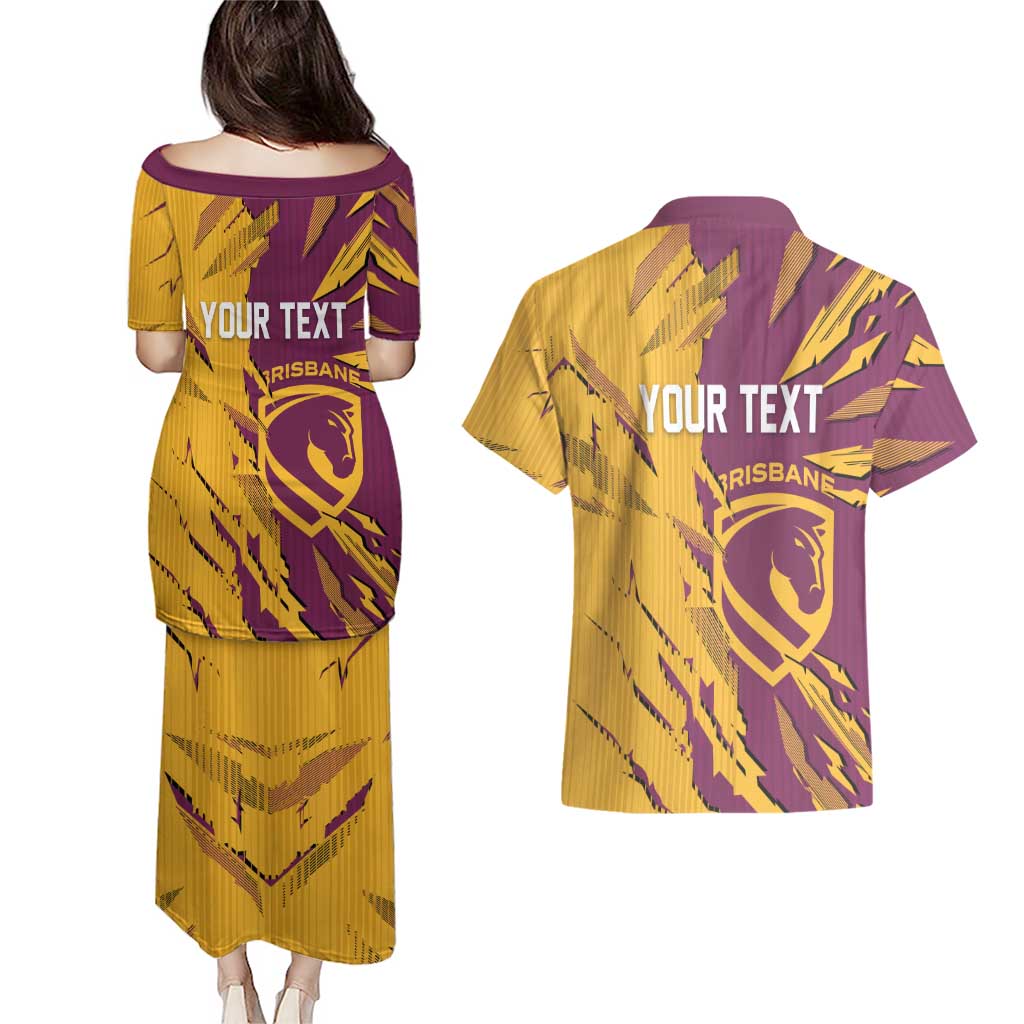 Personalized Brisbane Broncos Couples Matching Puletasi and Hawaiian Shirt Dynamic Lightning Mascot Rugby Australia