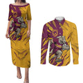 Personalized Brisbane Broncos Couples Matching Puletasi and Long Sleeve Button Shirt Dynamic Lightning Mascot Rugby Australia