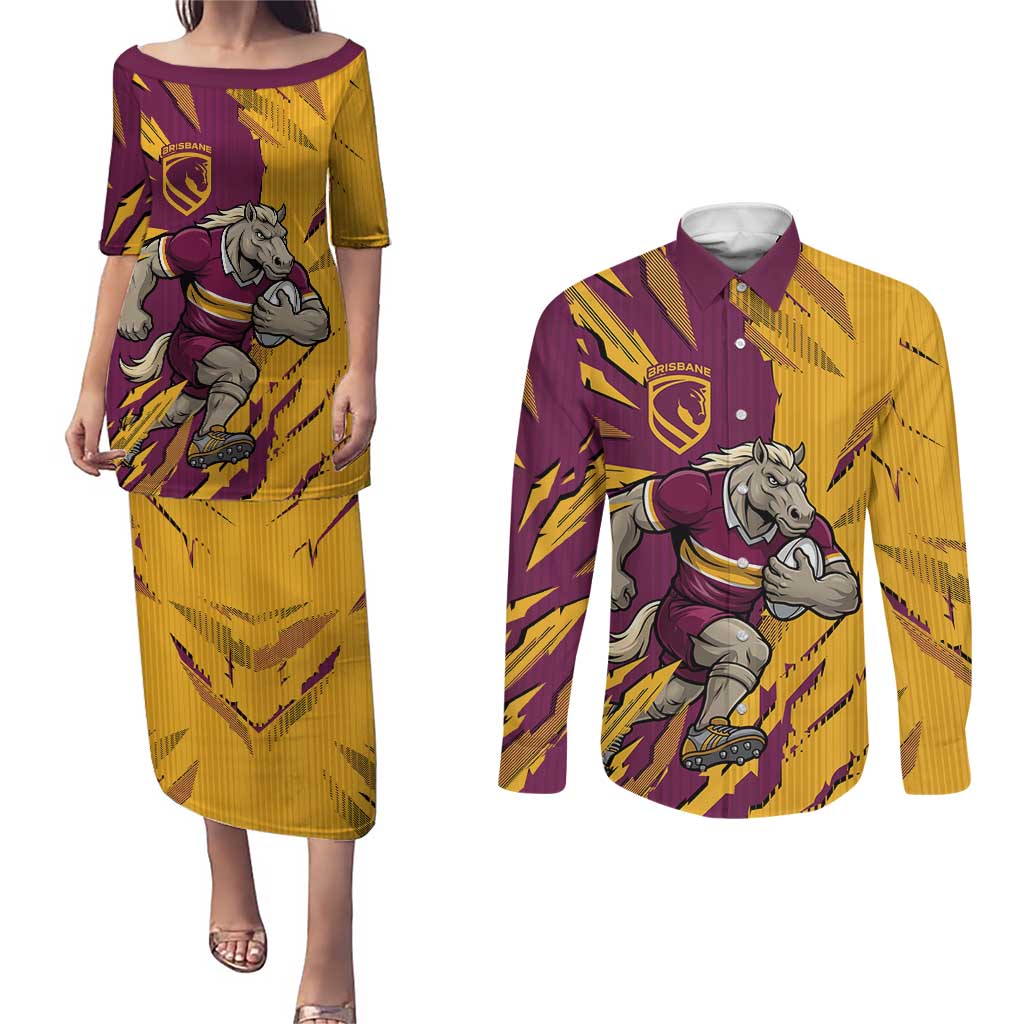 Personalized Brisbane Broncos Couples Matching Puletasi and Long Sleeve Button Shirt Dynamic Lightning Mascot Rugby Australia