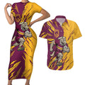 Personalized Brisbane Broncos Couples Matching Short Sleeve Bodycon Dress and Hawaiian Shirt Dynamic Lightning Mascot Rugby Australia