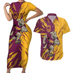Personalized Brisbane Broncos Couples Matching Short Sleeve Bodycon Dress and Hawaiian Shirt Dynamic Lightning Mascot Rugby Australia
