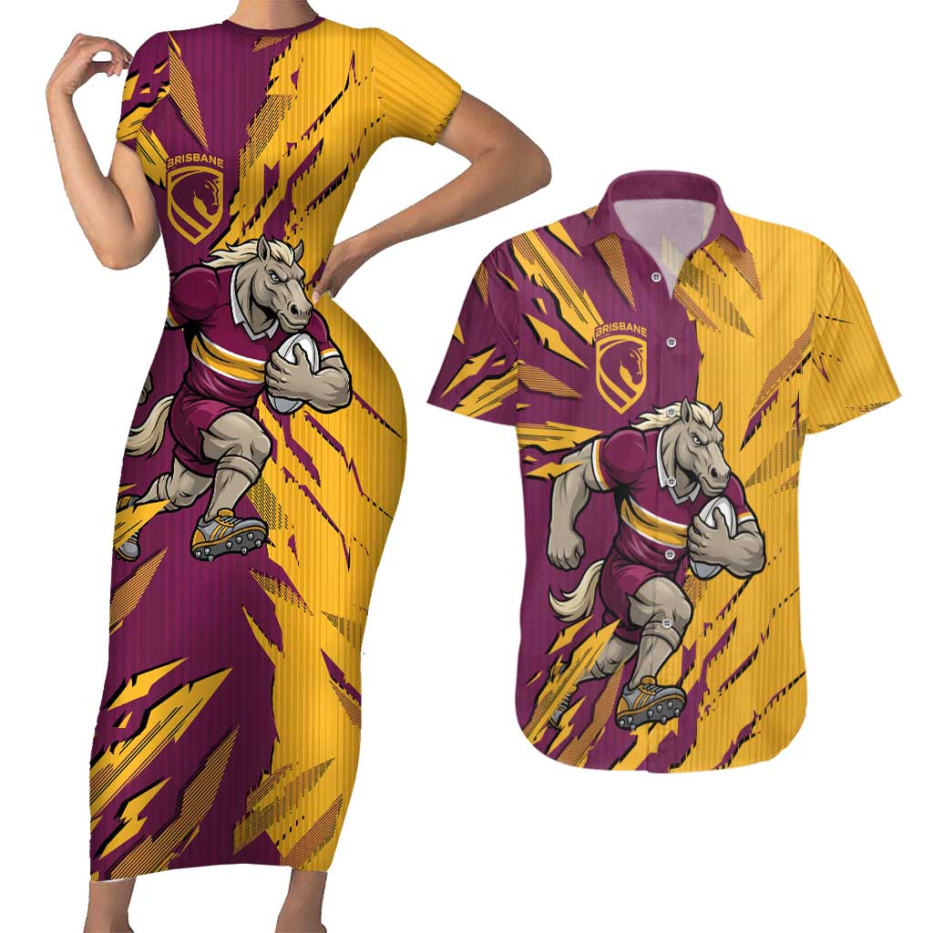 Personalized Brisbane Broncos Couples Matching Short Sleeve Bodycon Dress and Hawaiian Shirt Dynamic Lightning Mascot Rugby Australia