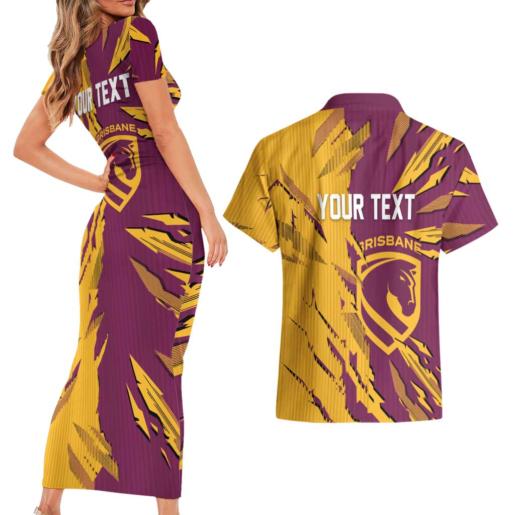Personalized Brisbane Broncos Couples Matching Short Sleeve Bodycon Dress and Hawaiian Shirt Dynamic Lightning Mascot Rugby Australia