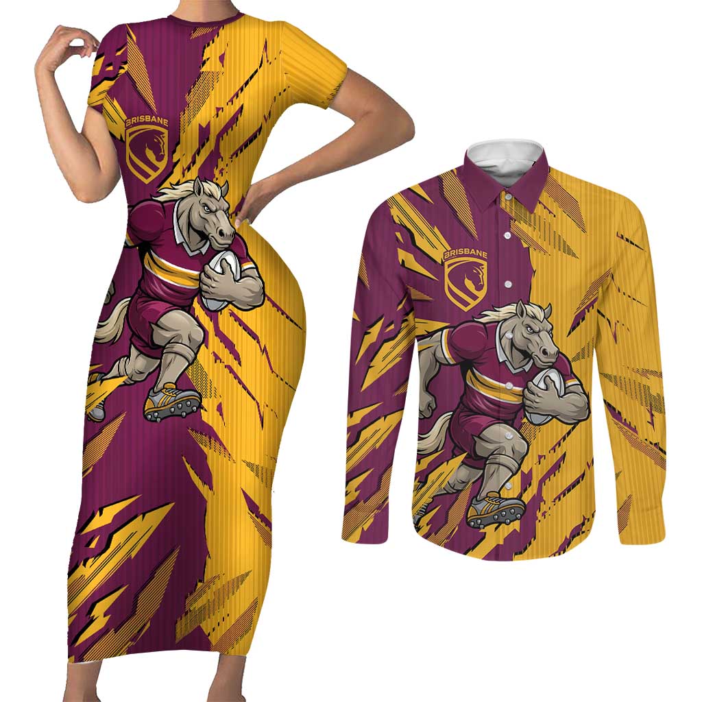 Personalized Brisbane Broncos Couples Matching Short Sleeve Bodycon Dress and Long Sleeve Button Shirt Dynamic Lightning Mascot Rugby Australia