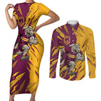 Personalized Brisbane Broncos Couples Matching Short Sleeve Bodycon Dress and Long Sleeve Button Shirt Dynamic Lightning Mascot Rugby Australia