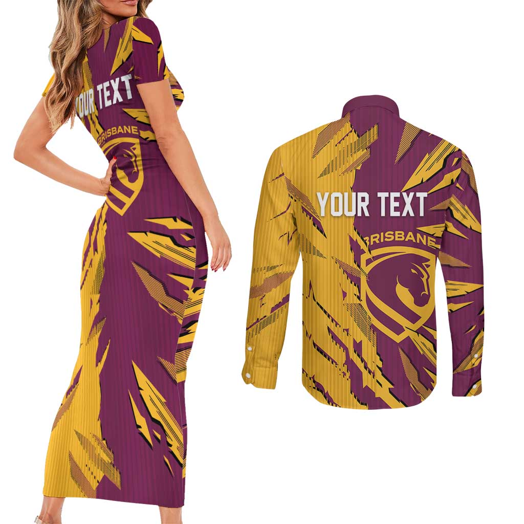 Personalized Brisbane Broncos Couples Matching Short Sleeve Bodycon Dress and Long Sleeve Button Shirt Dynamic Lightning Mascot Rugby Australia