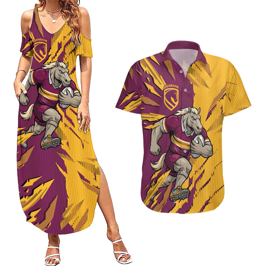 Personalized Brisbane Broncos Couples Matching Summer Maxi Dress and Hawaiian Shirt Dynamic Lightning Mascot Rugby Australia