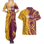 Personalized Brisbane Broncos Couples Matching Summer Maxi Dress and Hawaiian Shirt Dynamic Lightning Mascot Rugby Australia
