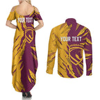 Personalized Brisbane Broncos Couples Matching Summer Maxi Dress and Long Sleeve Button Shirt Dynamic Lightning Mascot Rugby Australia