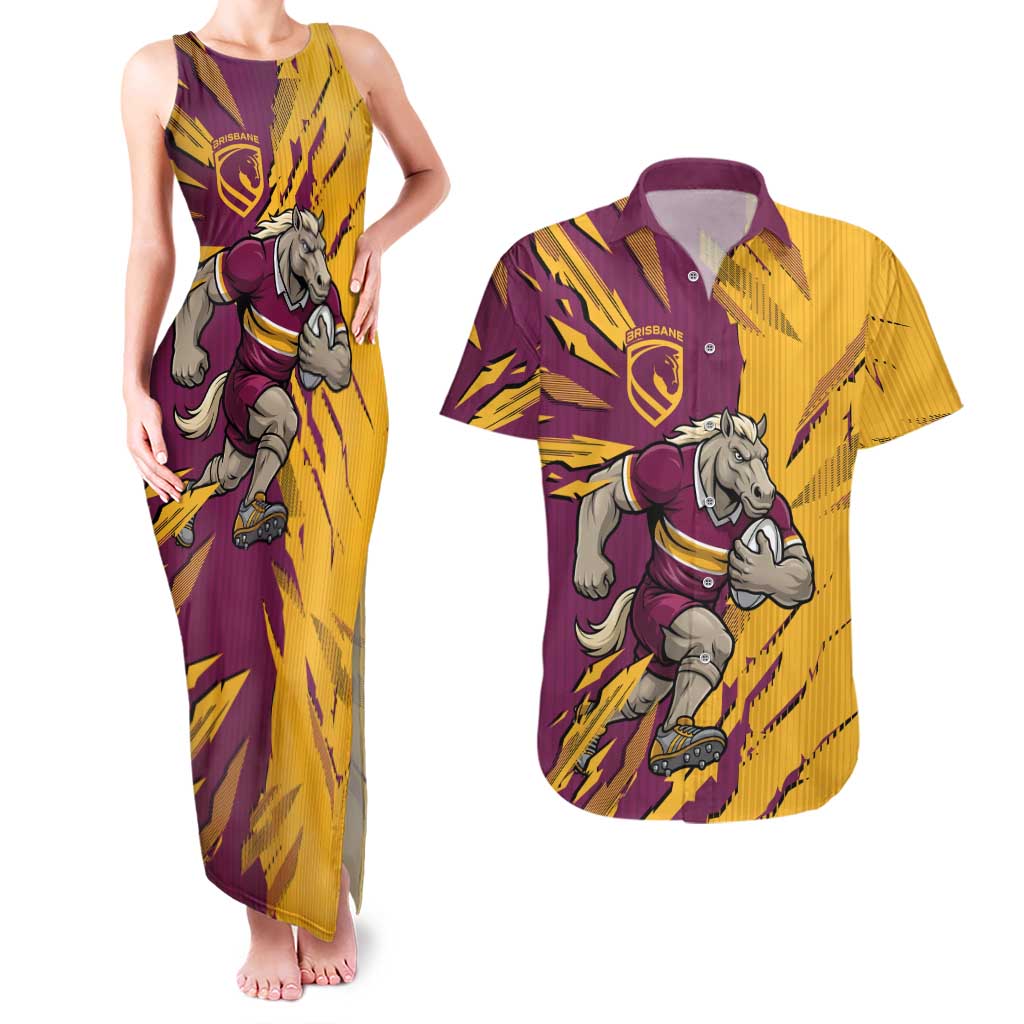 Personalized Brisbane Broncos Couples Matching Tank Maxi Dress and Hawaiian Shirt Dynamic Lightning Mascot Rugby Australia