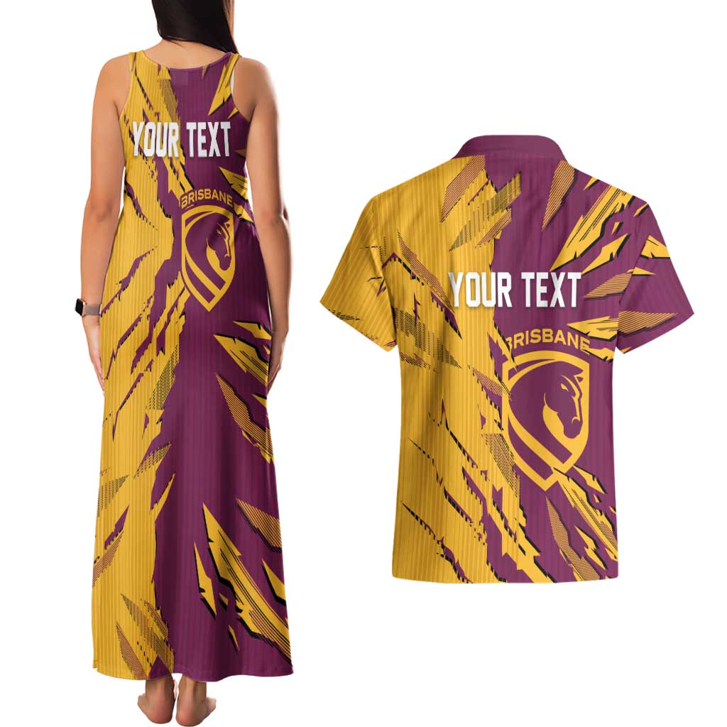 Personalized Brisbane Broncos Couples Matching Tank Maxi Dress and Hawaiian Shirt Dynamic Lightning Mascot Rugby Australia