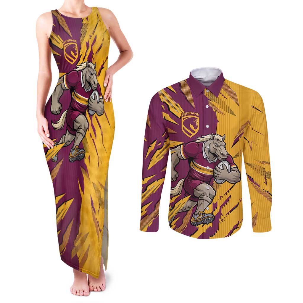 Personalized Brisbane Broncos Couples Matching Tank Maxi Dress and Long Sleeve Button Shirt Dynamic Lightning Mascot Rugby Australia