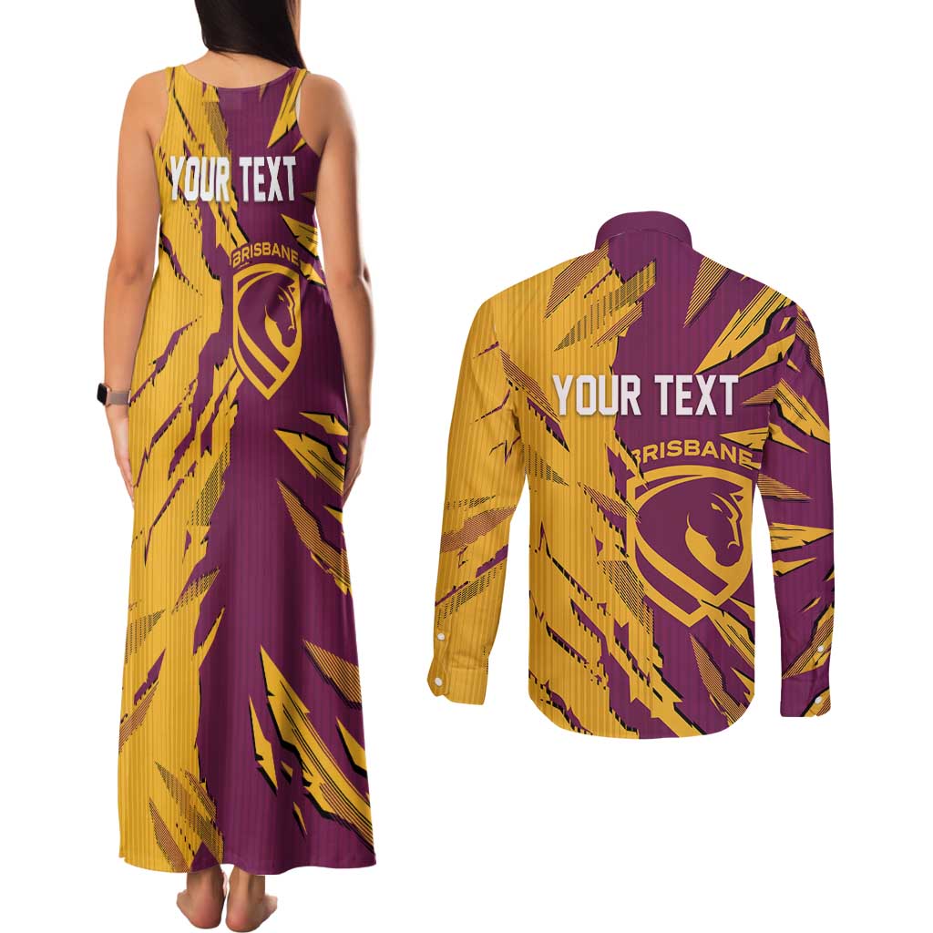 Personalized Brisbane Broncos Couples Matching Tank Maxi Dress and Long Sleeve Button Shirt Dynamic Lightning Mascot Rugby Australia