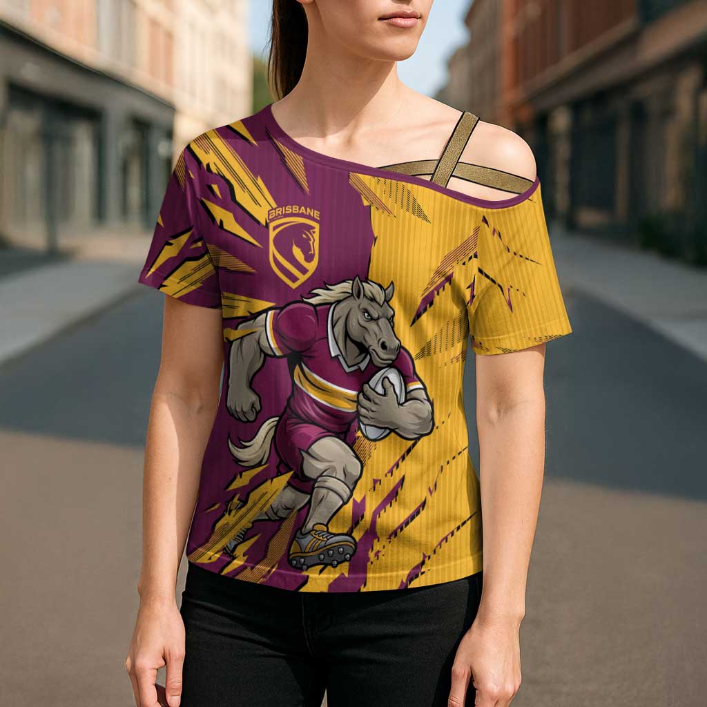Personalized Brisbane Broncos Cross Shoulder Shirt Dynamic Lightning Mascot Rugby Australia