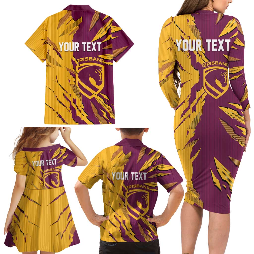 Personalized Brisbane Broncos Family Matching Long Sleeve Bodycon Dress and Hawaiian Shirt Dynamic Lightning Mascot Rugby Australia