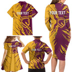 Personalized Brisbane Broncos Family Matching Long Sleeve Bodycon Dress and Hawaiian Shirt Dynamic Lightning Mascot Rugby Australia