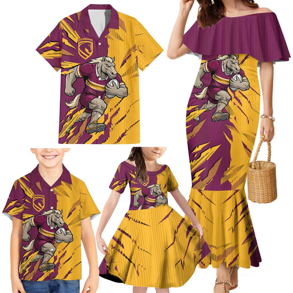 Personalized Brisbane Broncos Family Matching Mermaid Dress and Hawaiian Shirt Dynamic Lightning Mascot Rugby Australia
