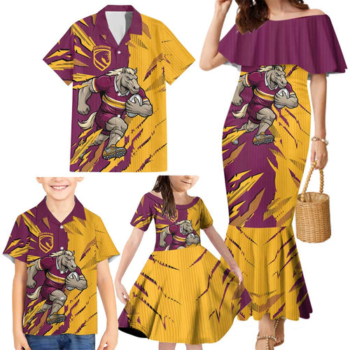 Personalized Brisbane Broncos Family Matching Mermaid Dress and Hawaiian Shirt Dynamic Lightning Mascot Rugby Australia